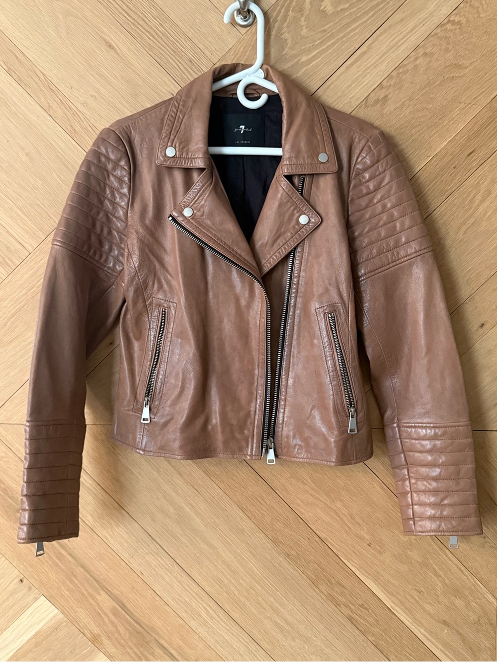 Seven7 Tan Quilted-Sleeve Leather Moto Jacket